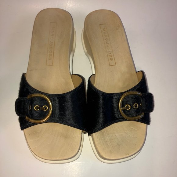 Sz 8 - 38 MARC JACOBS Black Anita Calf Hair Sandals Slides Clogs RARE - Picture 5 of 16
